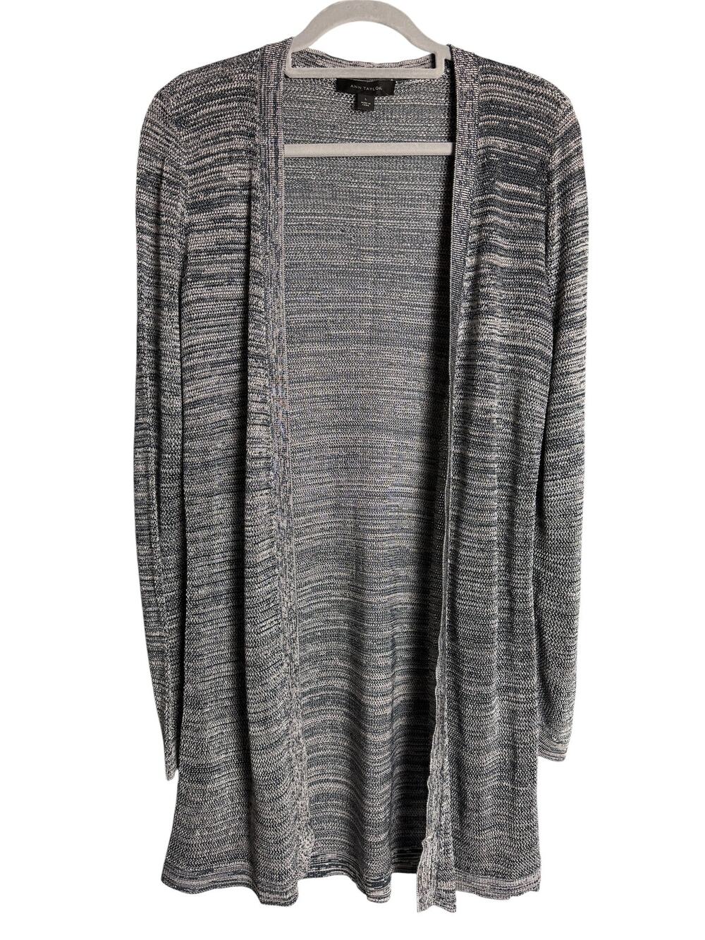 Ann Taylor Womens L Gray Marled Knit Open Front Long Duster Cardigan NWOT